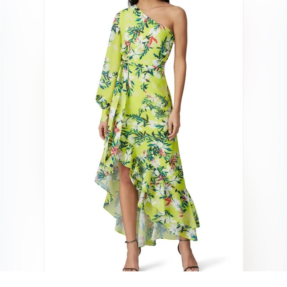ONE33 Social Bright Lime Green Floral One Shoulder High Low dress | SZ 4